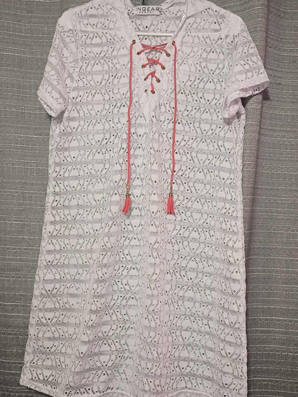 Ingear White Eyelet Swim Coverup with Pink Tassel Lace